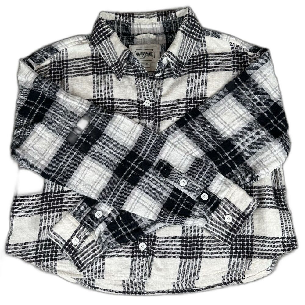 American Eagle Outfitters Cropped Flannel Shirt Womens XS Black White Plaid